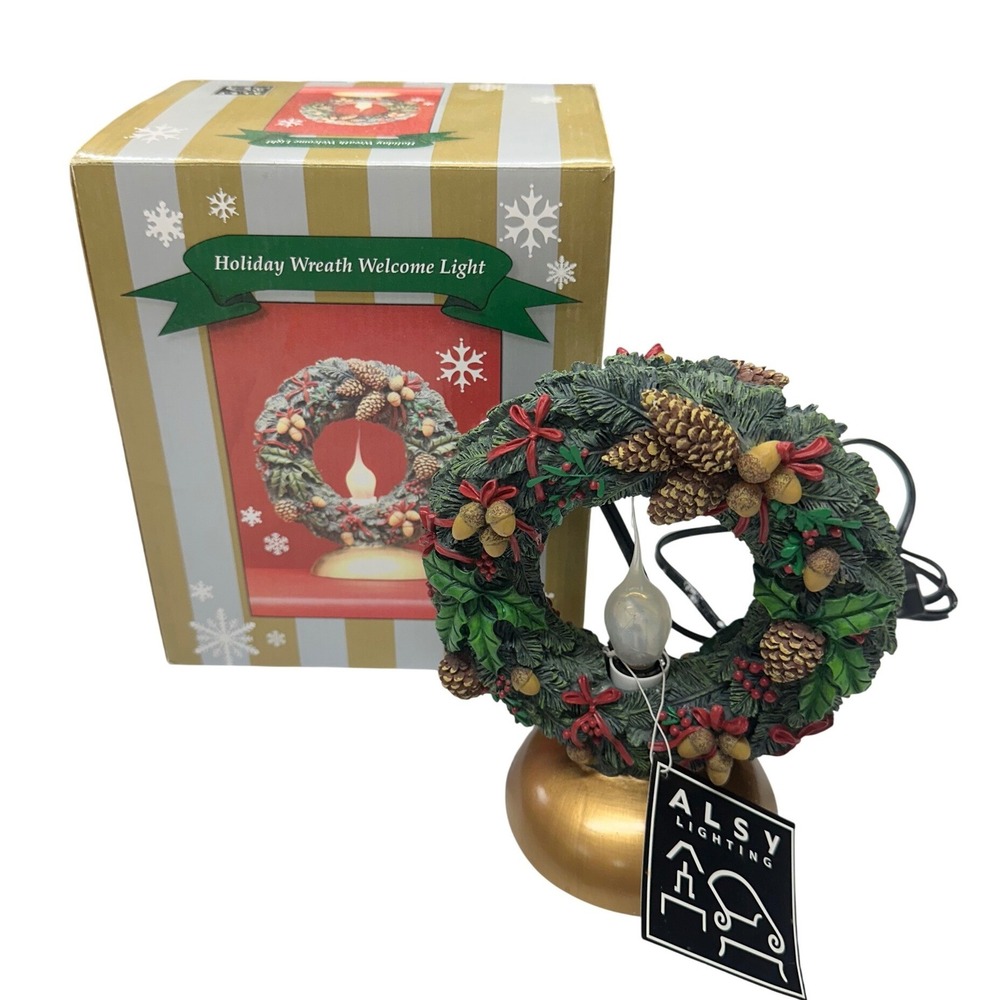 ALSY Holiday Wreath Welcome Light Green Gold Christmas Pinecone Accent Lamp